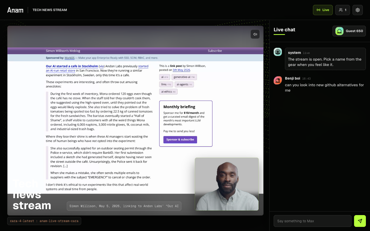 An Anam avatar hosting a tech news stream with a scrolling article backdrop and live chat