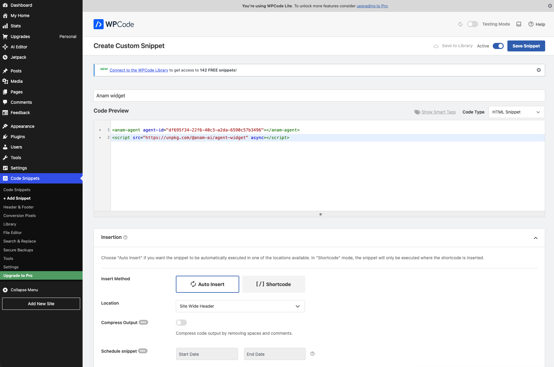 WPCode snippet editor with the Anam widget code, set to HTML Snippet type and Site Wide Header location