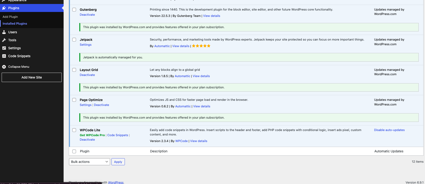 WordPress installed plugins list showing WPCode Lite active